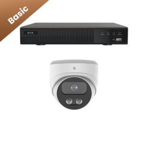 een witte bewakingscamera met recorder. plug en play systeem. alles inbegrepen. bekabeling recorder en camera's. 30 meter zicht ook in de nacht.