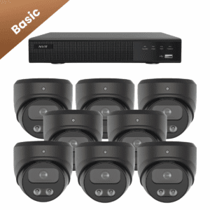 Set van acht zwarte Sony Dome Basic 2K camera’s voor uitgebreide camera beveiliging van een groot gebied. scherp nachtzicht met opname van geluid.