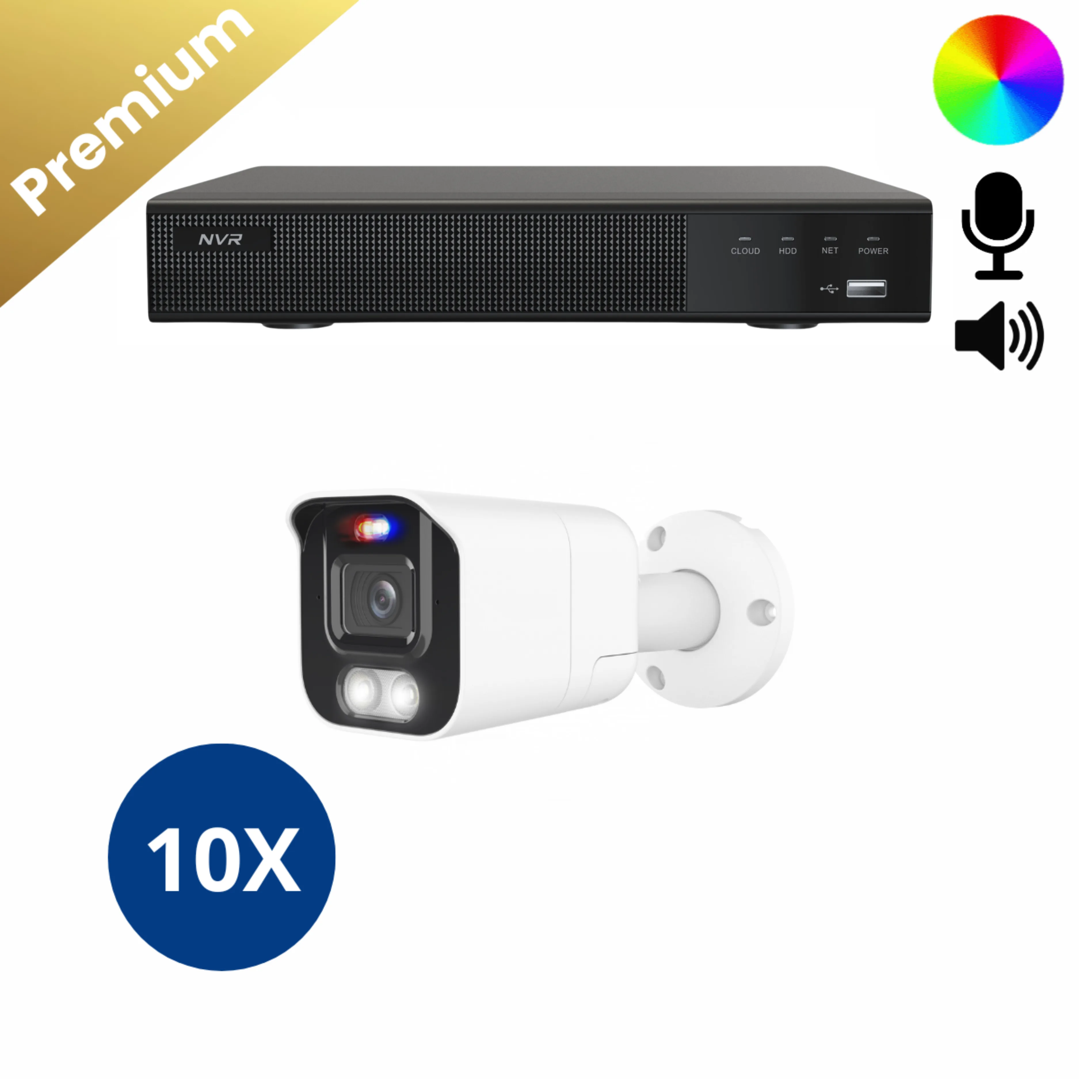 beveiligingscamera systeem met 10x de Bullet Premium Dual Light Camera's biedt 8 megapixels met Ultra HD 4K resolutie voor gedetailleerde beelden. Dankzij de 24/7 kleurenweergave krijg je scherpe beelden, zelfs 's nachts. De ingebouwde microfoon en speaker stellen je in staat om te communiceren, wat de camera ideaal maakt voor veiligheidstoepassingen. De installatie is snel en gemakkelijk, zelfs zonder technische ervaring."