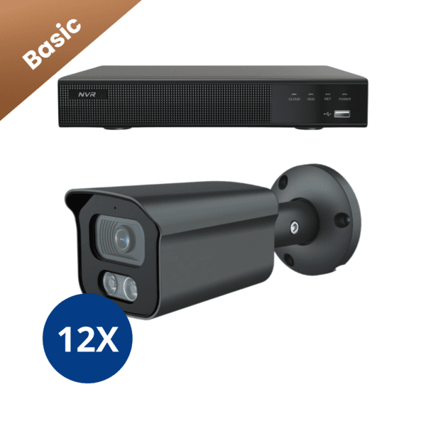 12x Sony Bullet Basic 2K Beveiligingscamera's - Zwart: Twaalf zwarte Sony Bullet Basic 2K camera’s voor het beveiligen van een groot terrein.