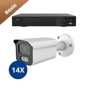 Veertien witte Sony Bullet Basic 2K camera’s voor een compleet beveiligingssysteem.