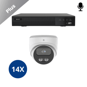 Veertien witte Sony Dome Plus 4K camera’s, eenvoudig te installeren en voorzien van microfoon voor hoge beeldkwaliteit.