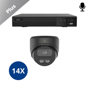14x zwarte Sony Dome Plus 4K camera’s met ingebouwde microfoon voor perfecte 4K-beelden en eenvoudige installatie.