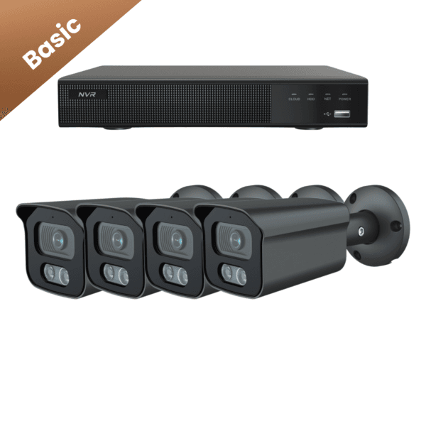 Set van vier zwarte Sony Bullet Basic 2K camera’s voor het monitoren van meerdere ruimtes.