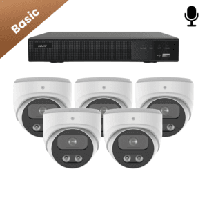 Vijf witte Sony Dome Basic 2K beveiligingscamera's voor uitgebreide beveiliging van meerdere kamers of buitenruimtes. inclusief opname van geluid en nachtzicht.