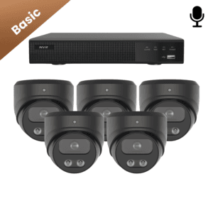 vijf keer de zwarte Sony Dome Basic 2K beveiligingscamera voor een professionele camera beveiligings. de camer heeft haarscherp zicht ook in de nacht. ook neemt de camera geluid op.