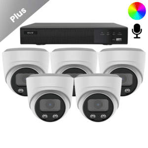 een complete beveiligingscamera set. 5 plus full color dome camera's ai-isp. qhd 2k 5 megapixel. bekijk uw bewakingsbeelden 24/7 in kleur en luister tot 10 meter rondom de camera.