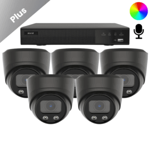 een complete set met 5x de ai-isp full color dome camera met sony chip en lens. de camera neemt geluid op rond 10 meter van de camera. ook zijn de beelden 24 uur per dag 7 dagen in de week in kleur te bekijken.