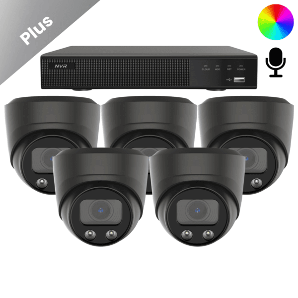 een complete set met 5x de ai-isp full color dome camera met sony chip en lens. de camera neemt geluid op rond 10 meter van de camera. ook zijn de beelden 24 uur per dag 7 dagen in de week in kleur te bekijken.