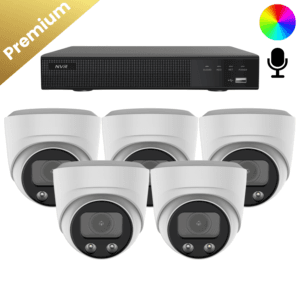 camera beveiliging met 5x de witte beveiligingscamera dome Premium Full Color, door de iongbouwde microfoon spat zuiver geluid en door de 8mp 4k lens kraakhelder beeld. en een weer en vandaal bestendige behuizing ip67