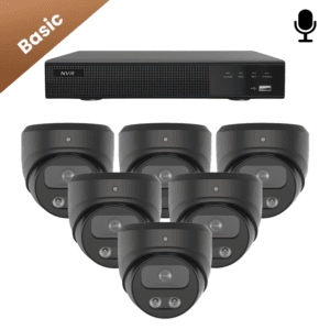 Set van zes zwarte Sony Dome Basic 4K bewakingscamera's voor 24/7 camera beveiliging met uitstekende beeldkwaliteit.