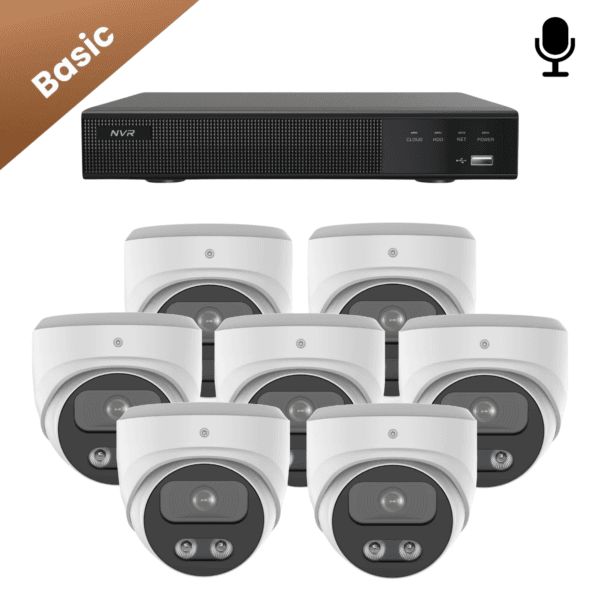 Set van zeven Sony Dome Basic 2K beveiligingscamera's, witte behuizing waterbestendige behuizing (ip67), geschikt voor buiten als binnen. de perfecte camerabeveiligings voor grotere woningen of kleine bedrijven.