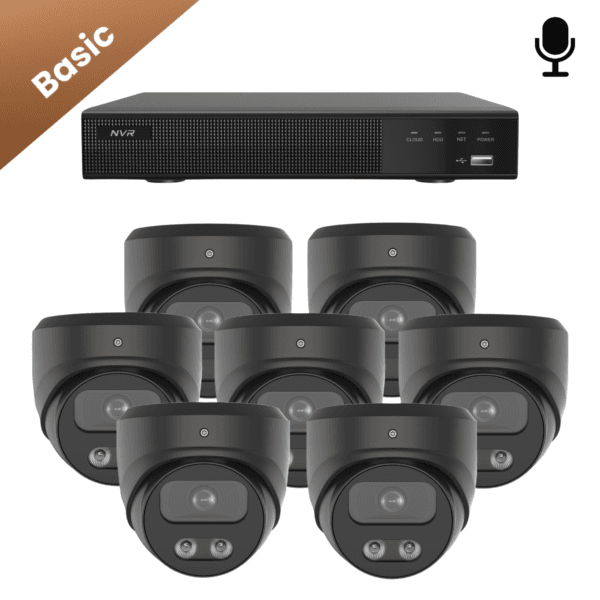 Set van zeven zwarte Sony Dome Basic 2K beveiligingscamera’s voor 24/7 beveiliging met uitstekende beeldkwaliteit, geluidsopname en nachtzicht.