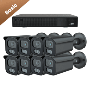Set van acht zwarte Sony Bullet Basic 2K camera’s voor uitgebreide bewaking.