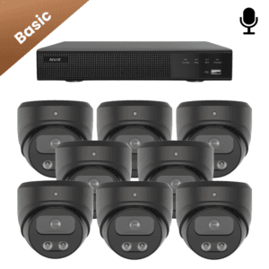 Set van acht zwarte Sony Dome Basic 4K camera’s voor uitgebreide camera beveiliging van een groot gebied. scherp nachtzicht met opname van geluid.