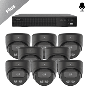 Set met 8x de zwarte Sony Dome Plus 4K beveiligingscamera met ingebouwde microfoon, voor gedetailleerde bewaking en gemakkelijke installatie. bevestig de camera gemakkelijk