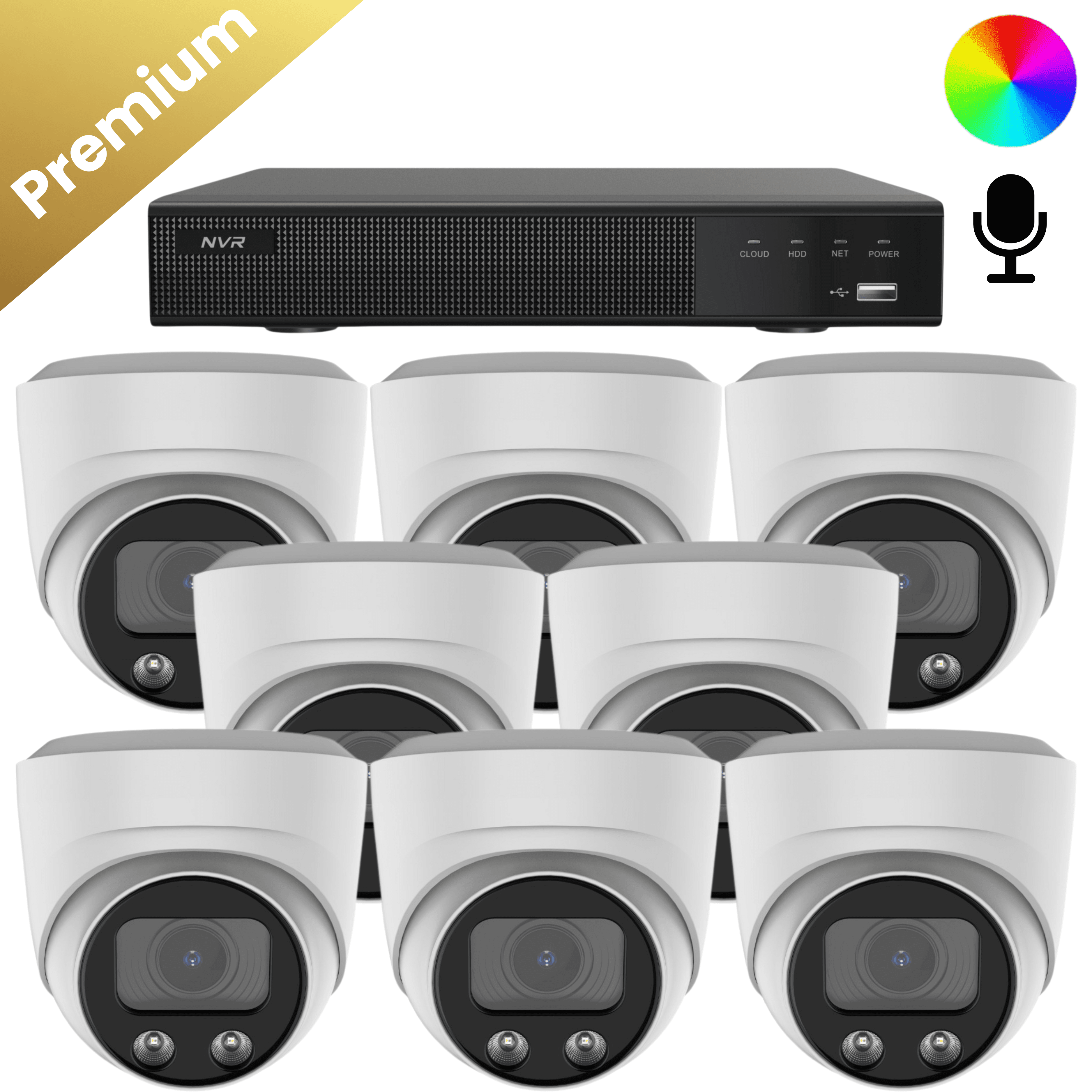 een complete set camera beveiliging met 8 keer de premium dome Full Color beveiligingscamera. de bewakingsbeelden zijn 24/7 in kleur en door de microfoon heeft u een zuiver geluid. de camera beveiliging is geschikt voor grote woningen of bedrijven. ook is de set zeer geschikt voor een VVE
