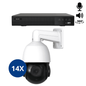 Set van 14 witte Sony PTZ 360 graden 2K camera’s, draaien 360 graden en bieden heldere beelden en audio dankzij de microfoon en speaker.
