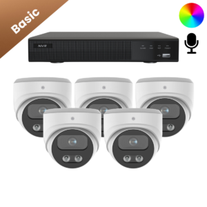 Bekabelde of Draadloze beveiligingscamera set 4K met 5 Sony Full Color 4K Dome camera's. 24/7 kleurenbeeld, 20m nachtzicht, microfoon en voor binnen & buiten.