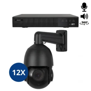Een complete beveiligingscamera set met 12x 360 graden PTZ camera zwart, opnamerecorder en alles wat u nodig heeft om het aan te kunnen sluiten.