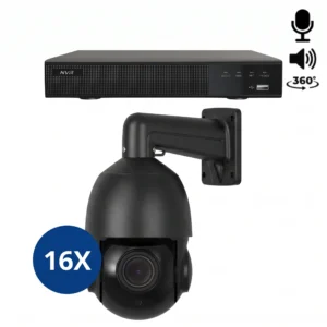 Een complete beveiligingscamera set met 16x 360 graden PTZ camera zwart, opnamerecorder en alles wat u nodig heeft om het aan te kunnen sluiten.
