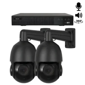 Een complete beveiligingscamera set met 2x 360 graden PTZ camera zwart, opnamerecorder en alles wat u nodig heeft om het aan te kunnen sluiten.