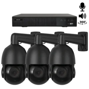 Een complete beveiligingscamera set met 3x 360 graden PTZ camera zwart, opnamerecorder en alles wat u nodig heeft om het aan te kunnen sluiten.