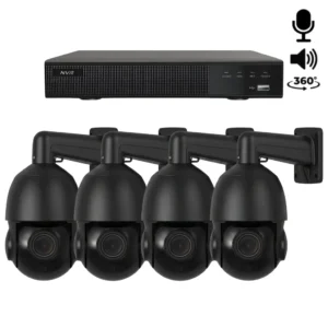 Een complete beveiligingscamera set met 4x 360 graden PTZ camera zwart, opnamerecorder en alles wat u nodig heeft om het aan te kunnen sluiten.