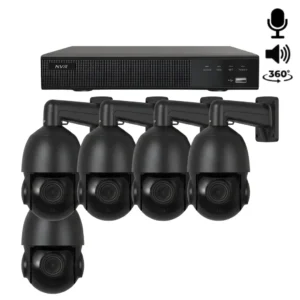 Een complete beveiligingscamera set met 5x 360 graden PTZ camera zwart, opnamerecorder en alles wat u nodig heeft om het aan te kunnen sluiten.