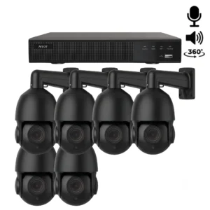 Een complete beveiligingscamera set met 6x 360 graden PTZ camera zwart, opnamerecorder en alles wat u nodig heeft om het aan te kunnen sluiten.