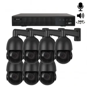 Een complete beveiligingscamera set met 7x 360 graden PTZ camera zwart, opnamerecorder en alles wat u nodig heeft om het aan te kunnen sluiten.