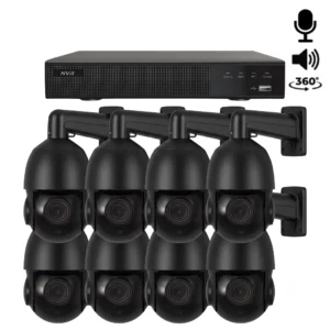 Een complete beveiligingscamera set met 8x 360 graden PTZ camera zwart, opnamerecorder en alles wat u nodig heeft om het aan te kunnen sluiten.